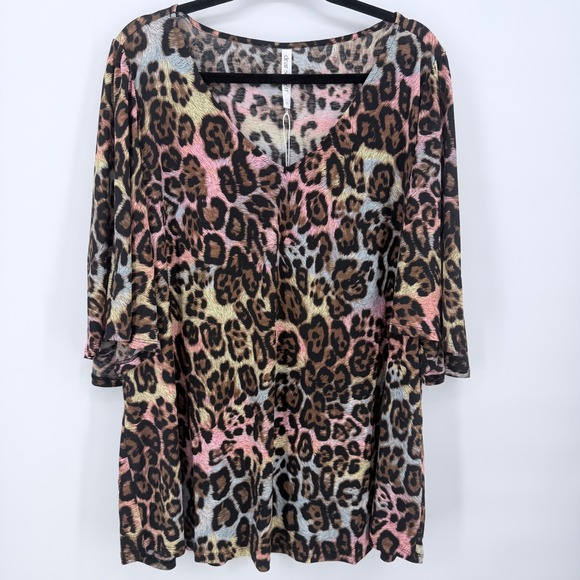 Dear Scarlett Tops - Dear Scarlett Top Womens 2X Fits 3X NEW Pink Leopard Bell Sleeve V-Neck Office